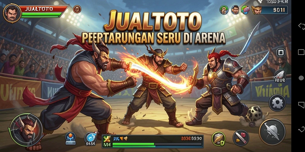 Tampilan gameplay seru dari JUALTOTO dengan karakter bertarung.