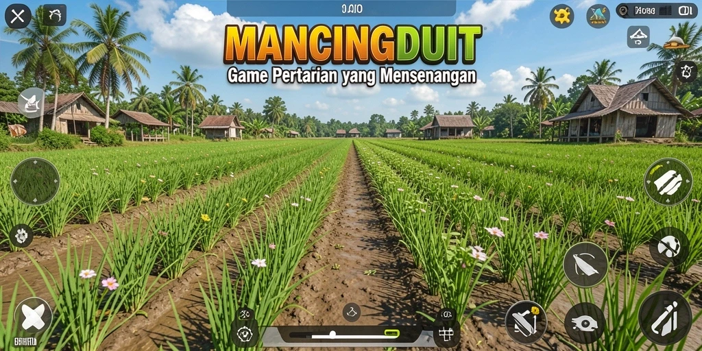 Tampilan gameplay seru di MANCINGDUIT dengan elemen bertani dan memancing.
