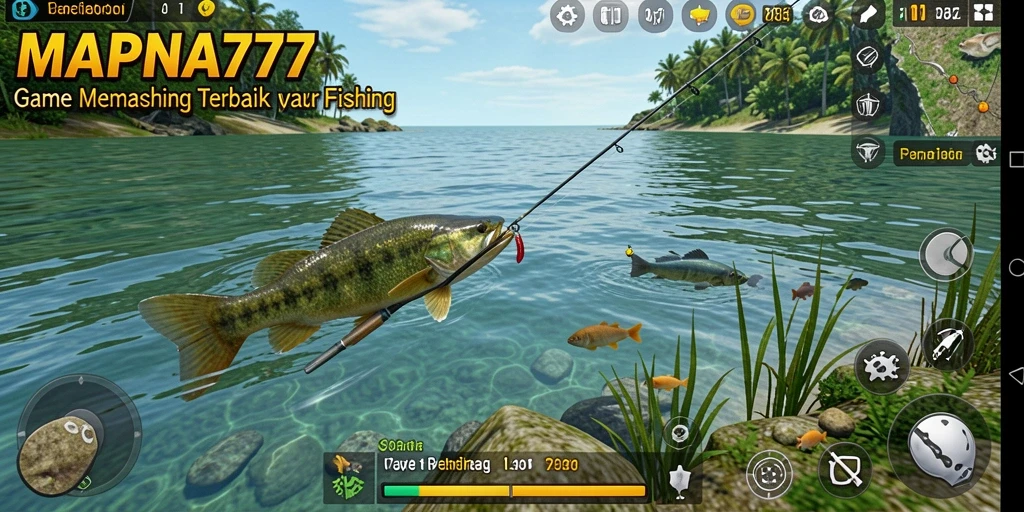 Gameplay seru dalam MAPNA777 saat memancing ikan di danau.