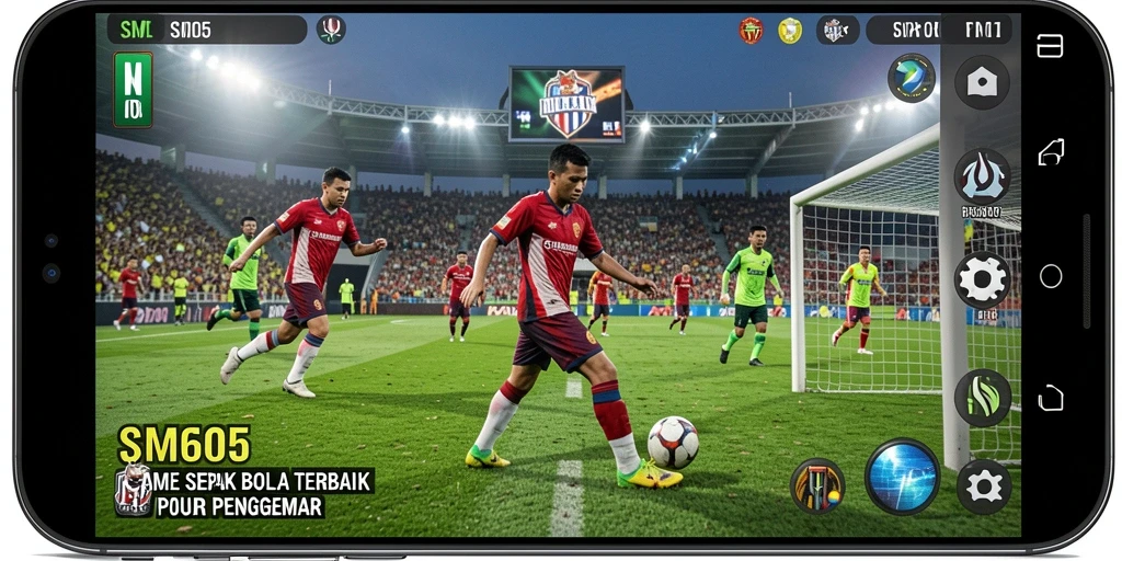 Tampilan gameplay SM605 dengan aksi sepak bola yang mendebarkan.